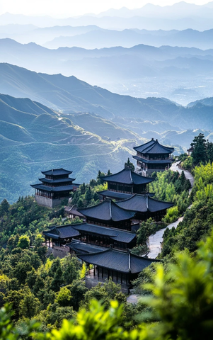 山间古建筑群鸟瞰全景