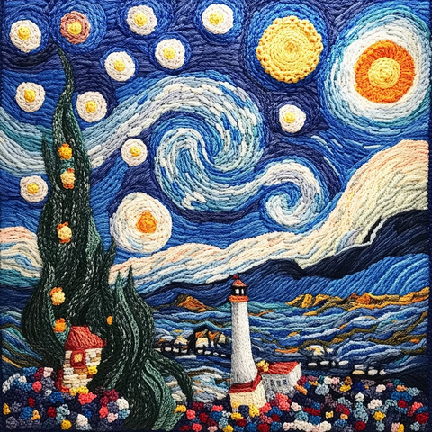 星空海洋与灯塔编织艺术