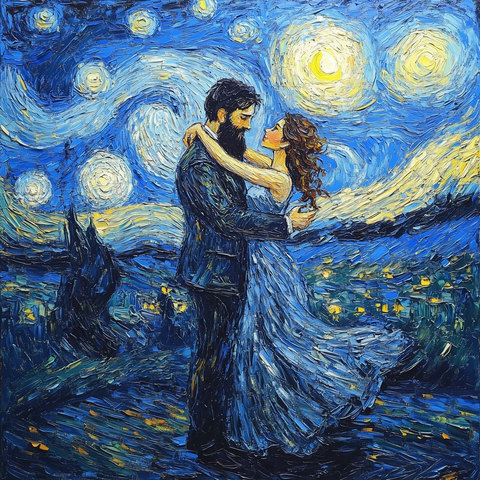 高个男子与矮个女子星空下共舞