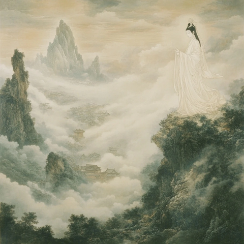 云雾缭绕山间的古装女子