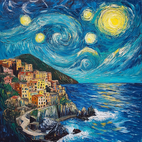 沿海村庄风景油画