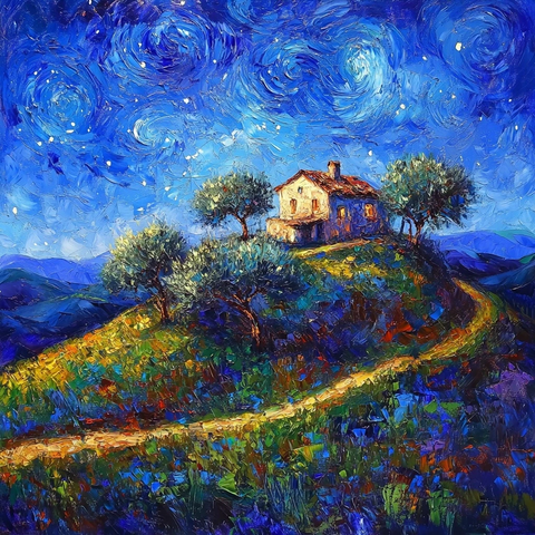 山坡小屋与古橄榄树夜景