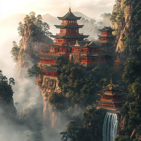 山间云雾中的古建筑群全景