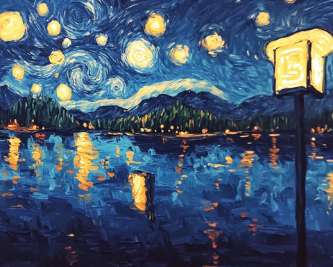 星夜湖泊与发光招牌