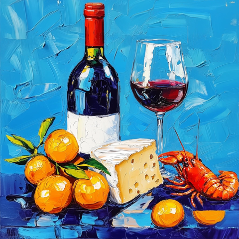 龙虾与葡萄酒聚会静物画