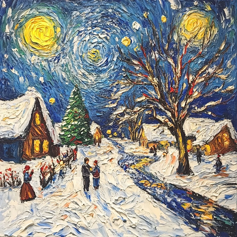 冬季节日雪景绘画