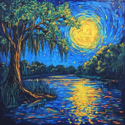 夜晚水域树影倒映