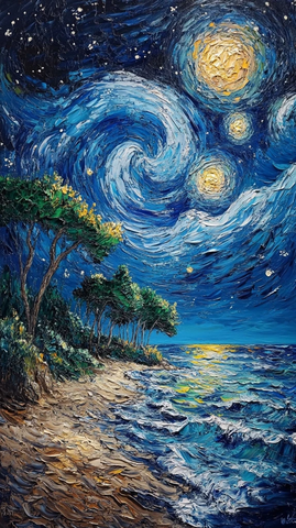 星夜海洋风景油画