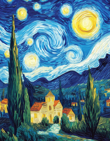 星空下的村庄与摇曳的柏树