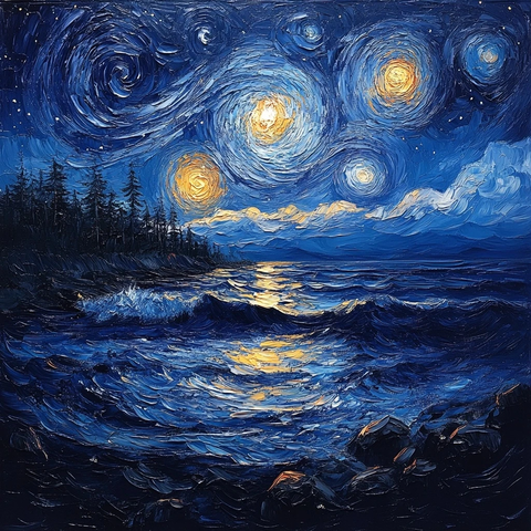 星夜静谧单色油画