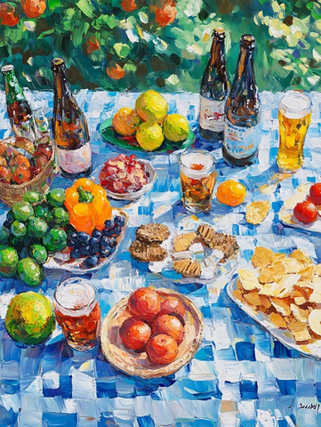 蓝白桌布水果饮品野餐