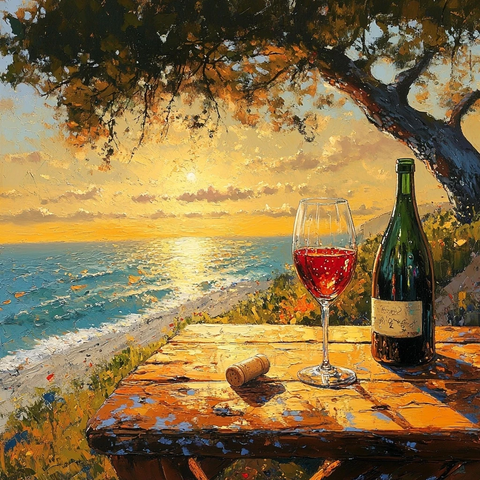 酒杯酒瓶木板树下葡萄园