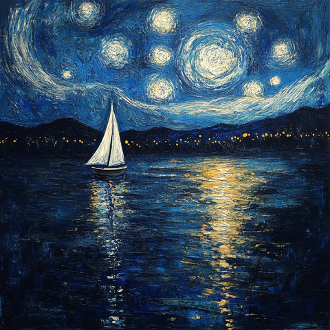 帆船湖泊水面星空