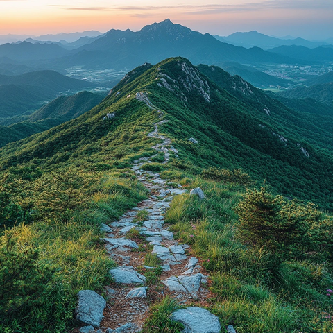 绿意盎然的山间小路远景俯瞰画面
