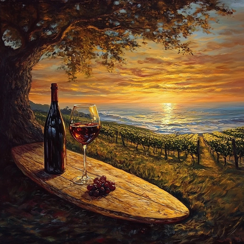 酒杯酒瓶木板树下葡萄园