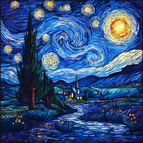 星夜玻璃画柏树与星光