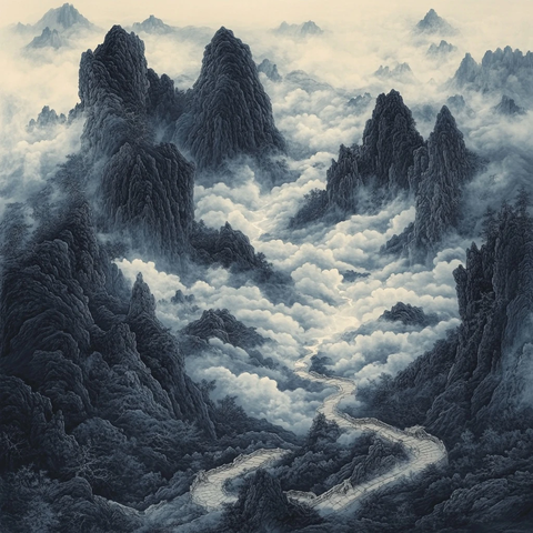 云雾缭绕的群山间蜿蜒曲折的小路