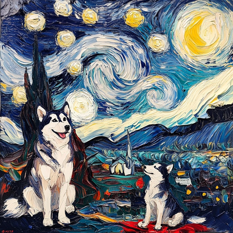 星夜中的西伯利亚犬