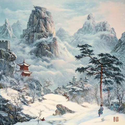 雪后山间的古建筑与行人