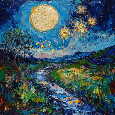 月亮倒映溪流烟花绽放