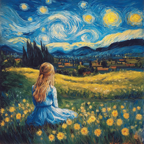 女孩花海仰望星空