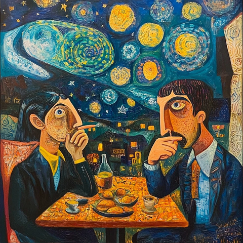 油画星夜咖啡馆土豆食客