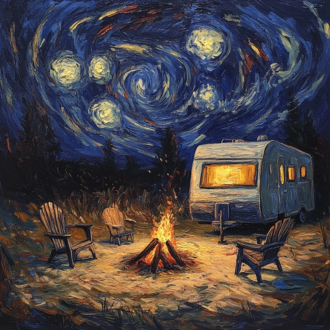 夜晚露营拖车篝火