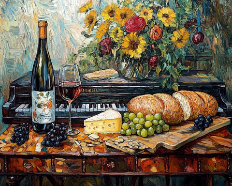 面包奶酪红酒葡萄静物画