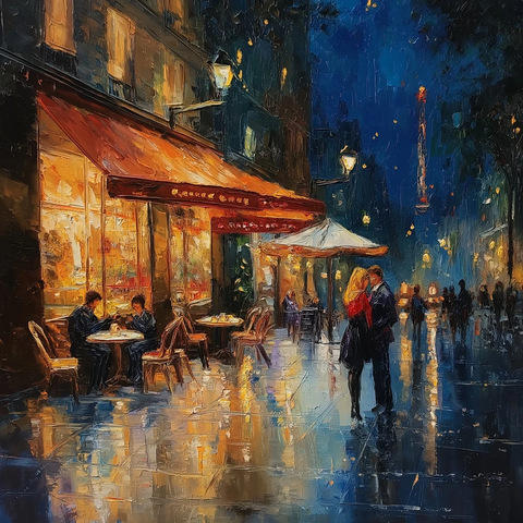 夜晚咖啡馆人物油画