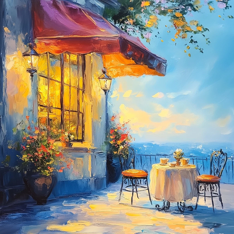 咖啡馆油画金色黄昏