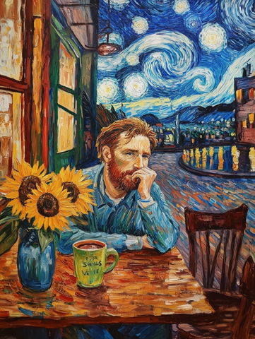 梵高咖啡馆夜晚向日葵