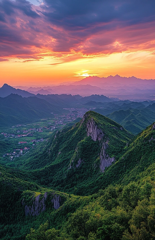 山间小镇在落日余晖下的壮美全景
