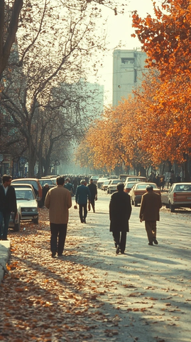 落叶街道上行走的人们与路边停靠的车辆