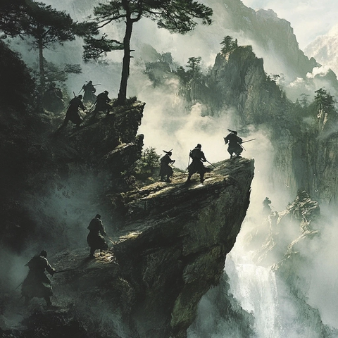 悬崖上的古装人物持械对峙场景