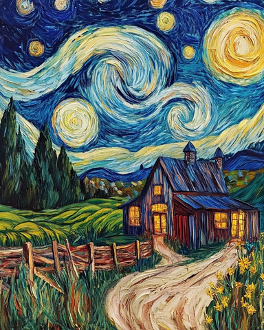 星夜农场风车麦田