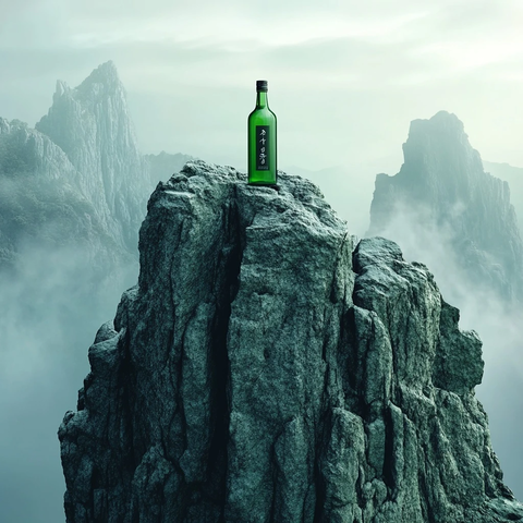 放置在高山岩石上的酒瓶