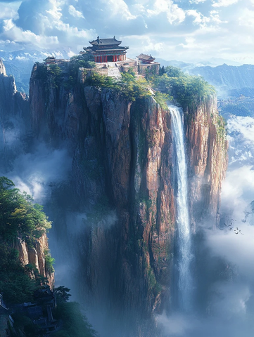 悬崖上的古建筑与瀑布的壮观景致