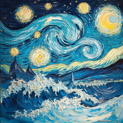 星夜波涛交织深蓝意境