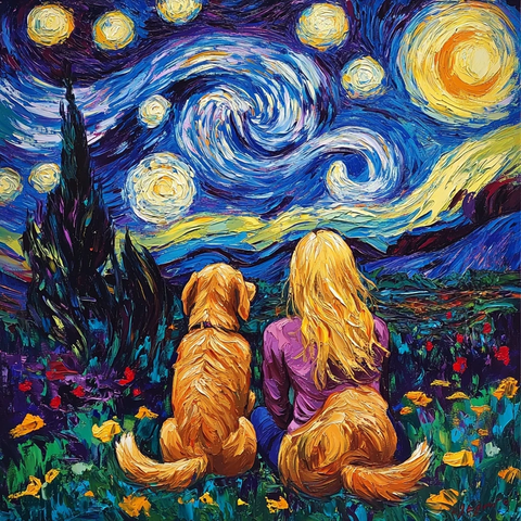 月光下花园边的金毛与主人