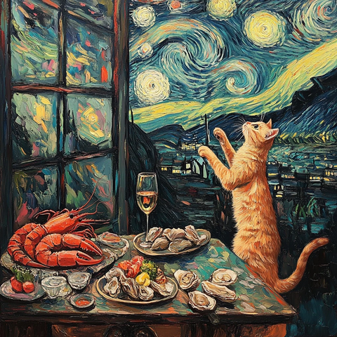 猫站餐桌前望星空夜色