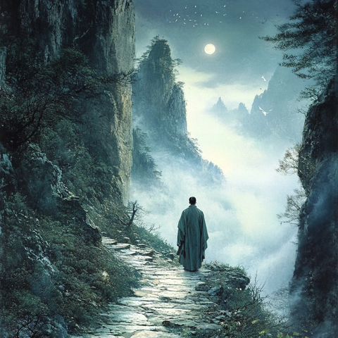 月光下身着长袍的人独自行走在山径