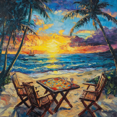 海滩棋盘游戏与日落风景