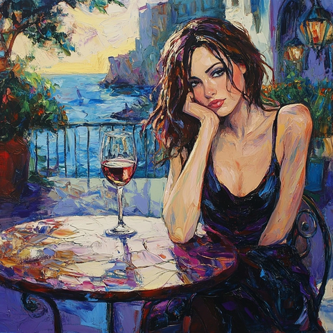 女孩桌边品酒水景画