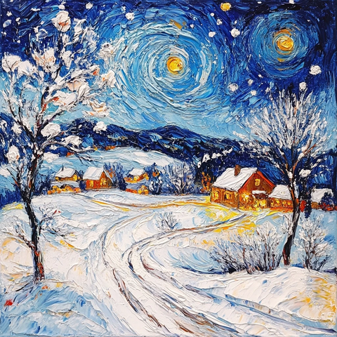 雪景村庄与雪松小径