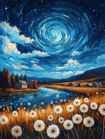 乡村路旁的蓝云白蒲公英