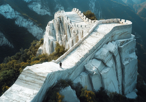 一人独走在险峻的长城上的壮观景象