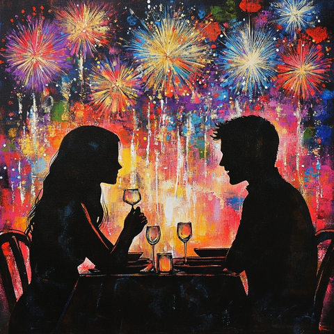 烛光晚餐烟花下的情侣剪影