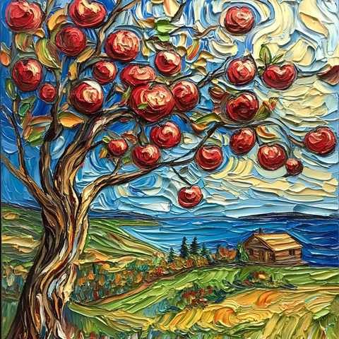 苹果树枝与湖畔小屋