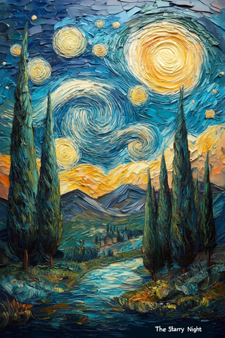 星空下螺旋柏树风景画