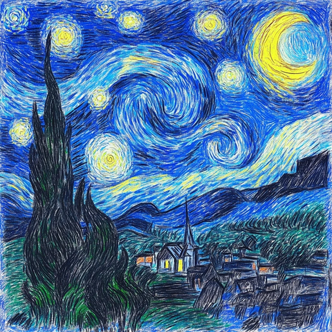 星空月光蜡笔画